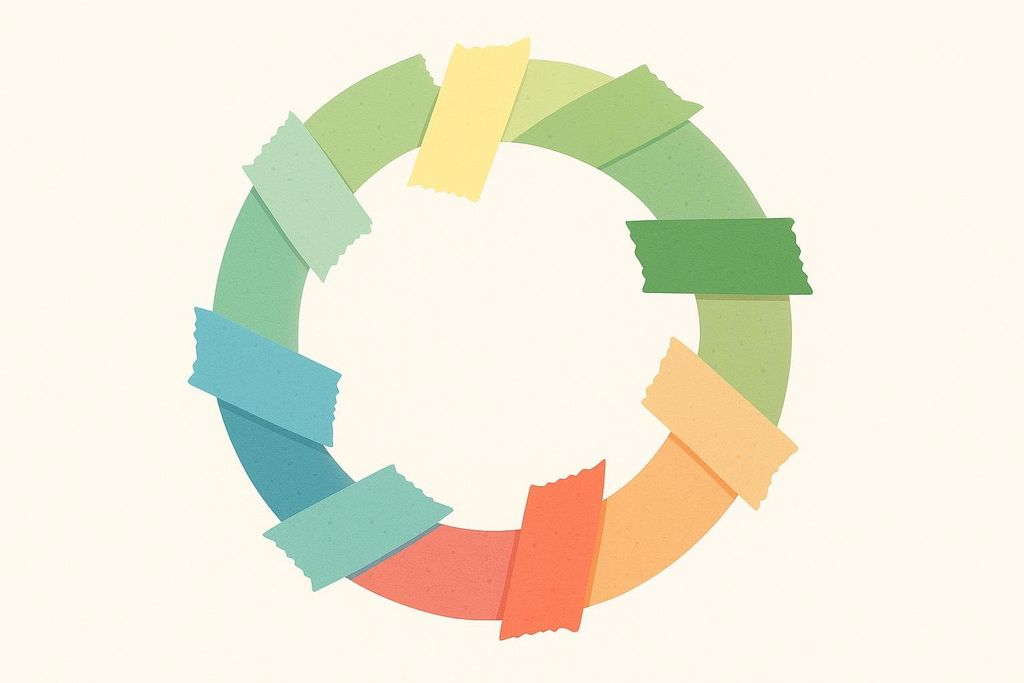 A color wheel illustration made from strips of athletic tape in various colors, arranged in a circle on a light beige background. The tape pieces have slightly jagged edges, giving a textured, handcrafted look.