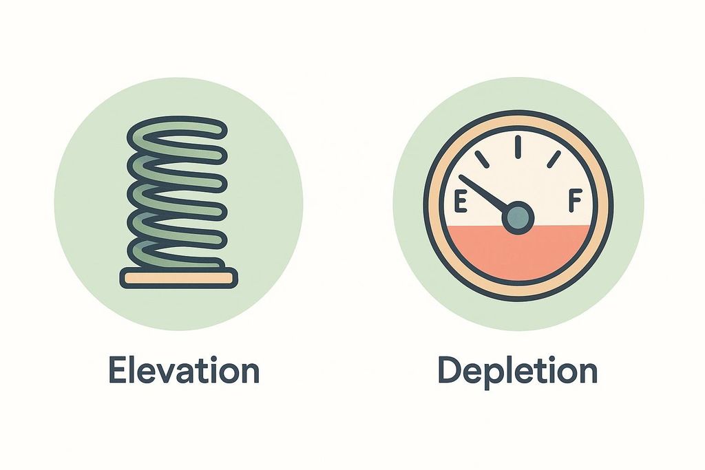 An illustration showing two icons. The left icon, labeled "Elevation," depicts a spring in a green circle. The right icon, labeled "Depletion," shows a fuel gauge pointing to 'E' for empty, also in a green circle. These icons represent cortisol elevation and depletion symptoms.