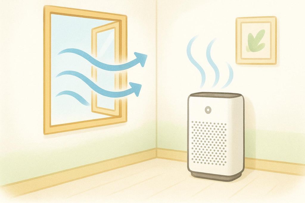 Illustration showing fresh air, depicted by blue wavy arrows, entering a room through an open window, while an air purifier cleans the air with wavy blue lines emanating from its top. A framed picture hangs on the wall.
