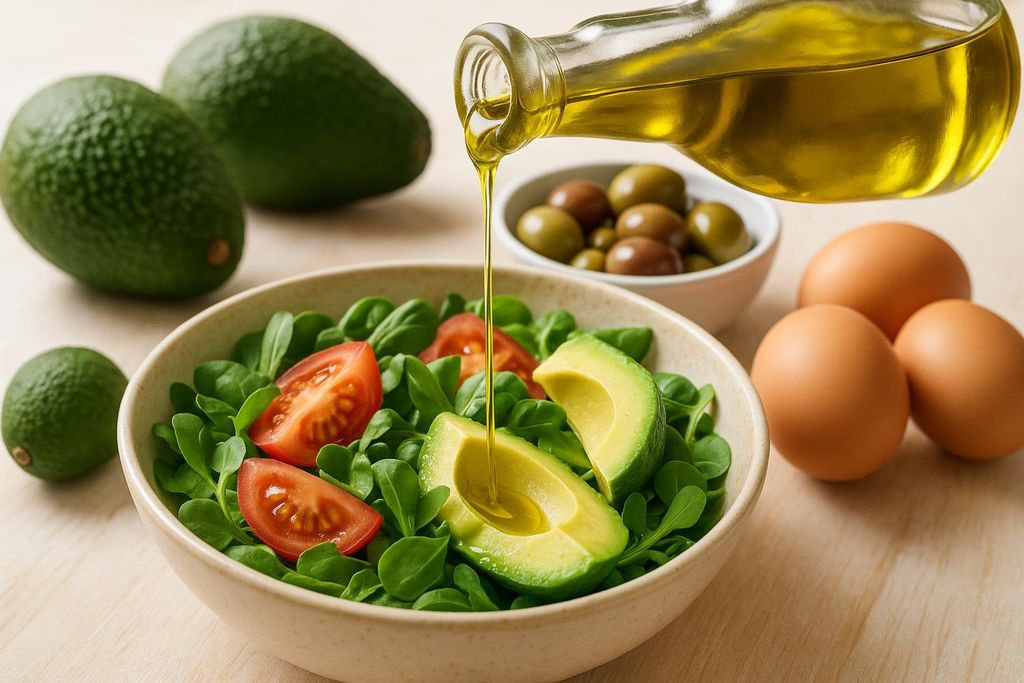 Olive oil being poured from a glass bottle onto a bowl of fresh salad with corn salad, sliced tomatoes, and avocado. In the background are whole avocados, a bowl of olives, and brown eggs. This image represents healthy, whole-food fats often used on a keto diet.
