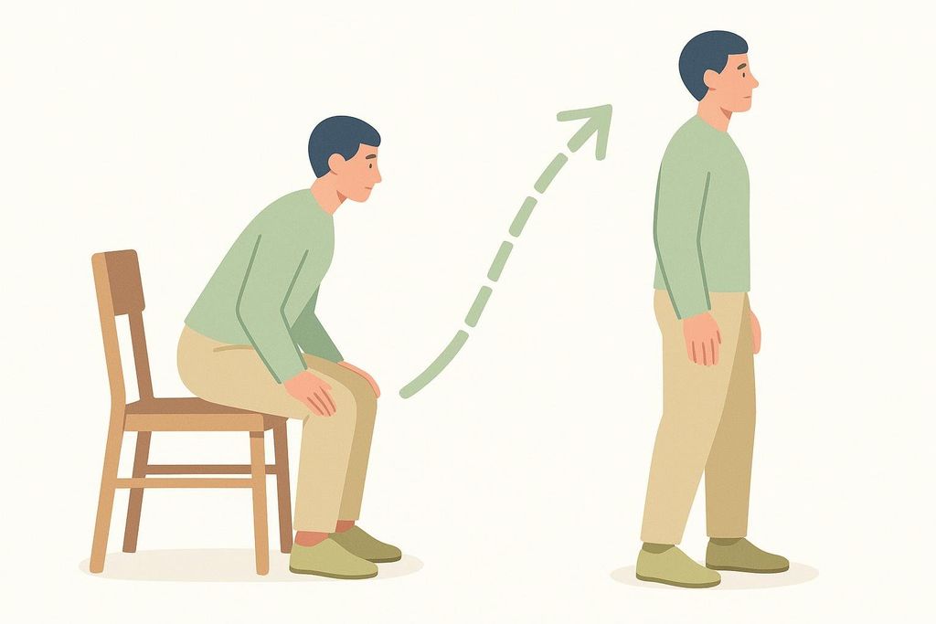 Illustration showing a person standing up from a chair. On the left, the person is seated, leaning forward, and on the right, the person is standing upright. A dashed arrow curves upwards from the seated person to the standing person, indicating movement.