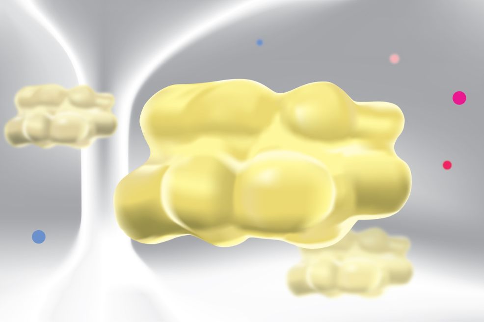 An illustration showing abstract yellow shapes representing visceral fat floating in a grey and white space with colored dots.