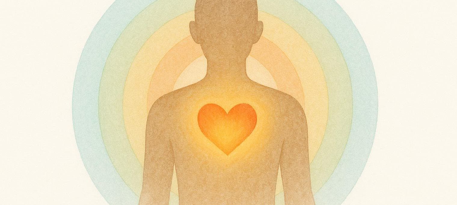 An illustration of a person's silhouette with an orange glowing heart on their chest, surrounded by five concentric, colorful rings representing heart rate zones.