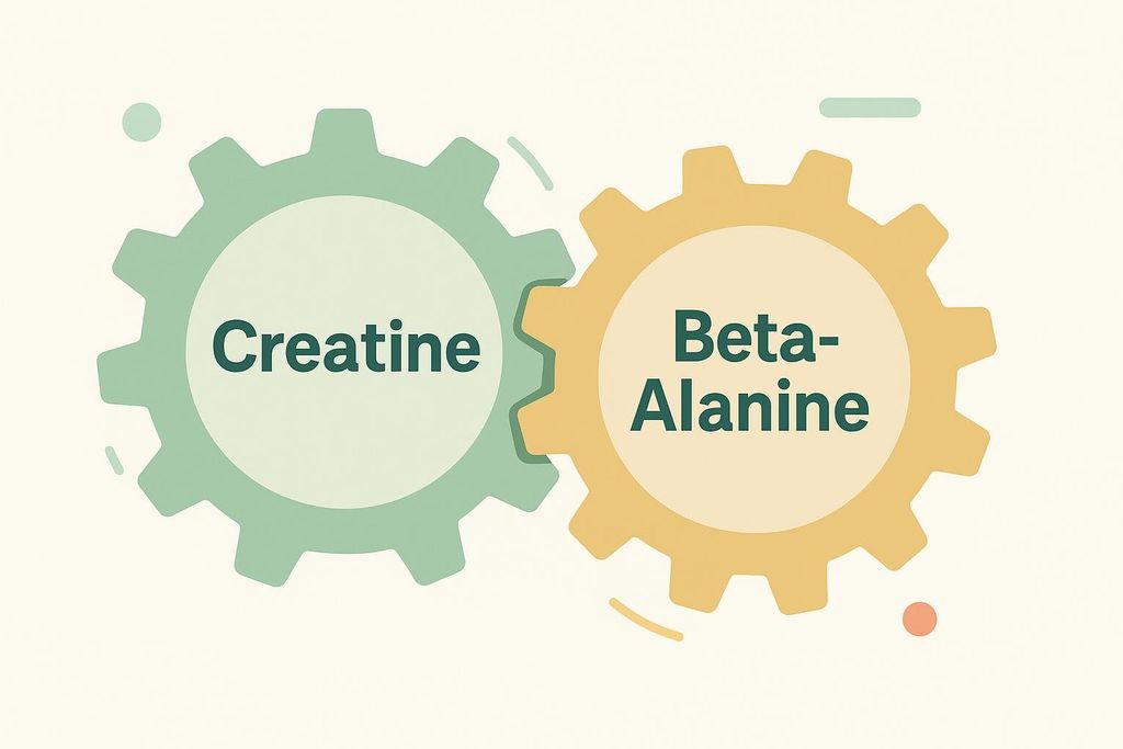 An illustration showing two gears, one teal and labeled 'Creatine', and the other yellow and labeled 'Beta-Alanine', meshing together to suggest they work in conjunction.
