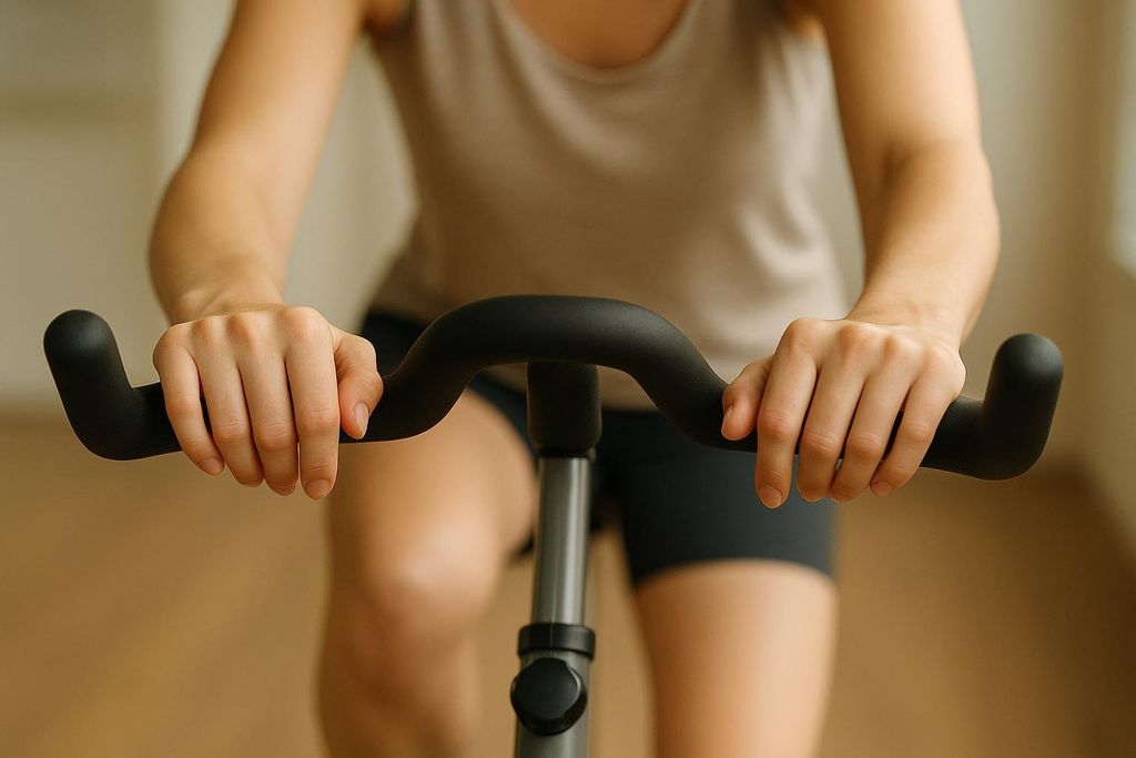 Close-up on a person's hands resting gently on the handlebars of a black spin bike. The image suggests a gentle cycling session, possibly for active recovery or light exercise.