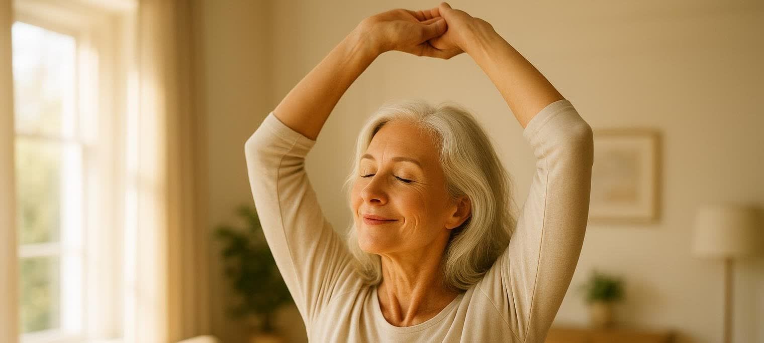 A mature woman stretching her arms to relieve morning back tension in a sunlit room