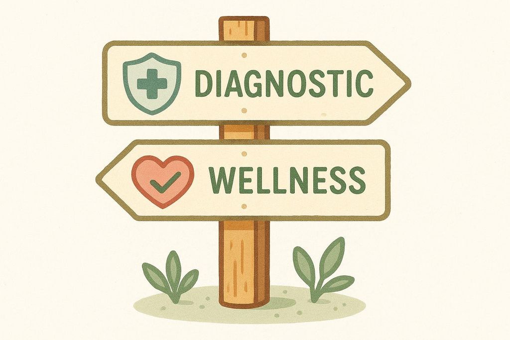 An illustration of a wooden signpost with two signs. The top sign points right and says 'DIAGNOSTIC' with a shield and medical cross icon. The bottom sign points left and says 'WELLNESS' with a heart and checkmark icon. A few green leaves are growing at the base of the signpost.