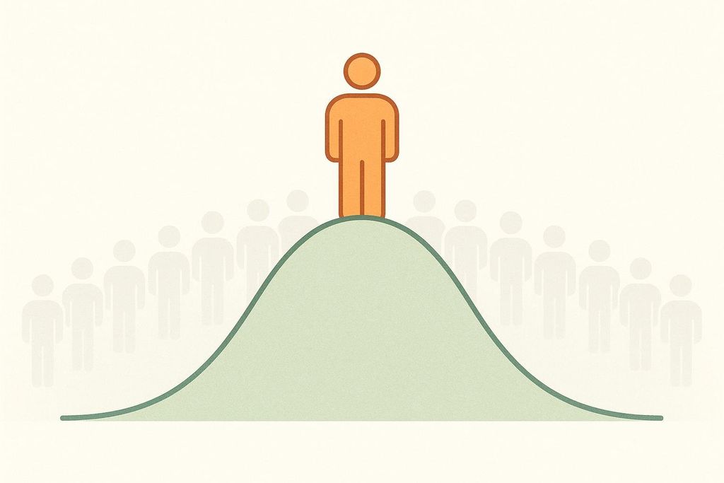 An illustration of a bright orange person icon standing at the peak of a green bell curve. Fainter, grey person icons are distributed along the curve, symbolizing a Z-score that compares an individual's results to their age- and sex-matched peers.