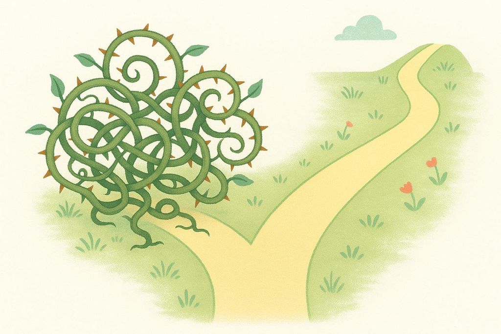 An illustration showing a fork in a path. One path is smooth and clear, leading uphill, while the other is completely blocked by a dense, tangled, thorny green vine bush. This symbolizes a choice between an easy and a difficult route.