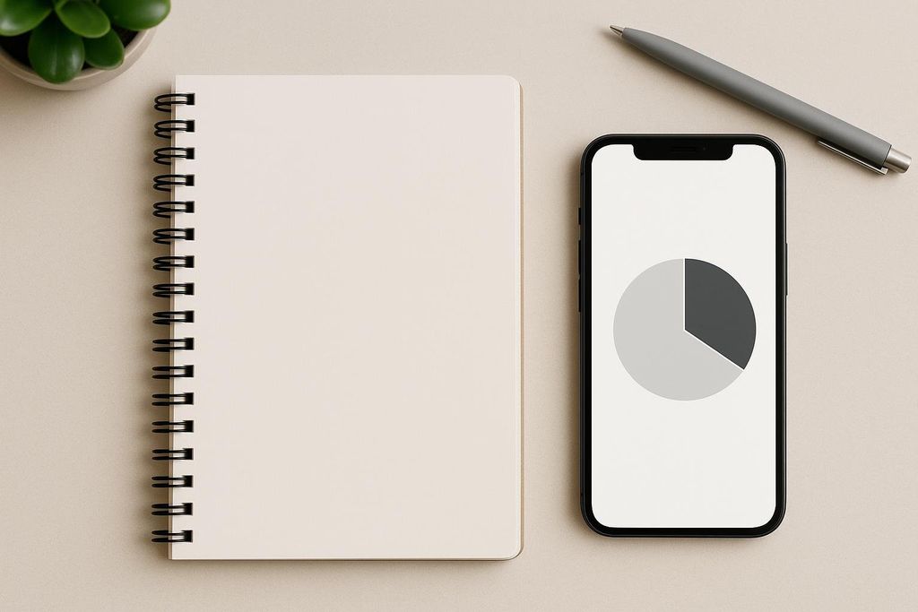 A beige notebook with a black spiral sits next to a black smartphone displaying a pie chart. A gray pen rests above the phone, and a small green plant is visible in the top left corner.