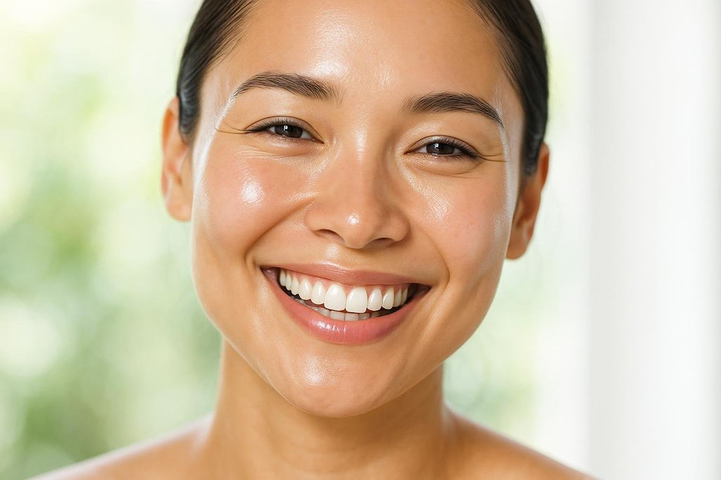 Close-up of a smiling woman with clear, radiant skin and bright eyes, suggesting health and happiness.