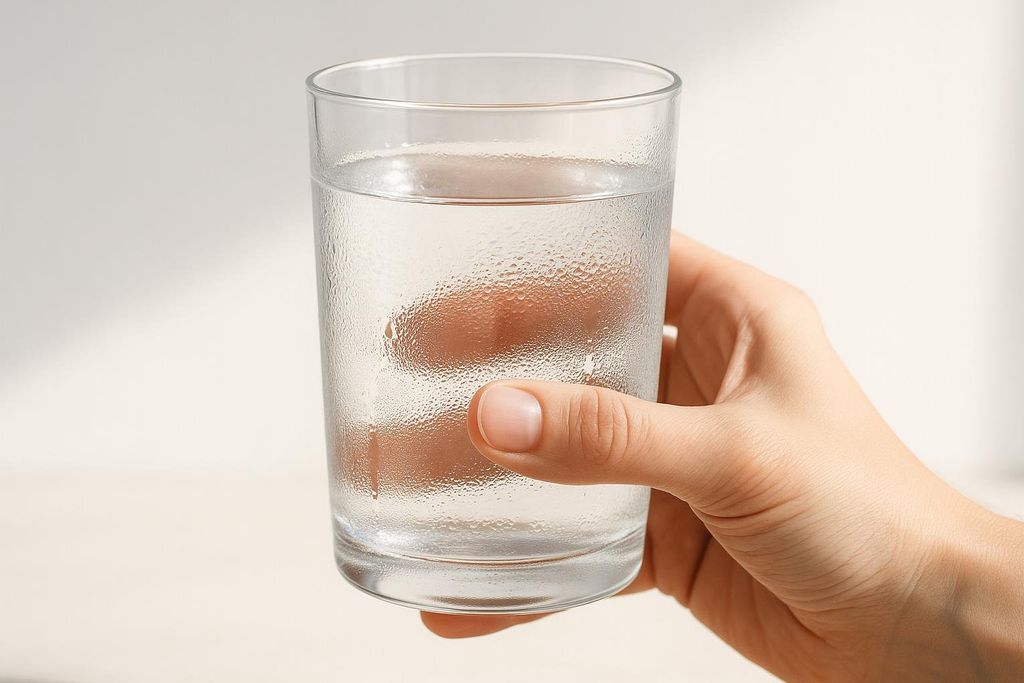 A hand holds a condensation-covered glass of water.