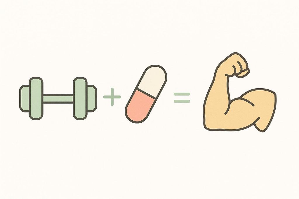 A graphic showing a dumbbell plus a medication capsule icon pointing to a muscle icon, representing the synergistic effect of combining exercise with GLP-1 medications.
