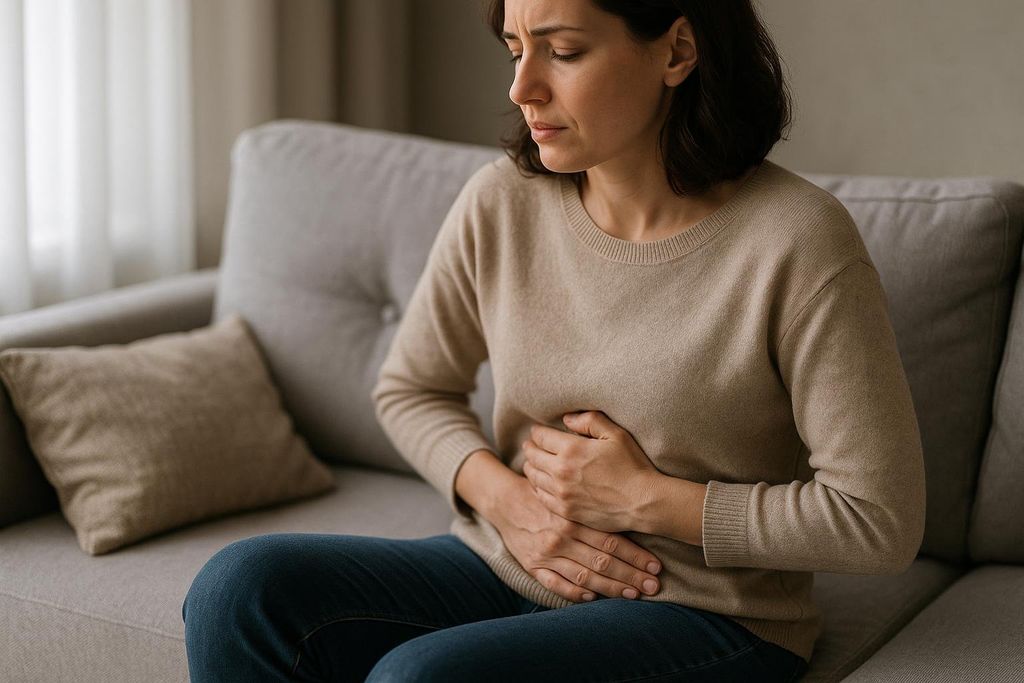 A woman sits on a grey couch, deeply focused in discomfort, with both hands pressed gently against her stomach. She has dark hair and is wearing a light brown sweater and blue jeans.