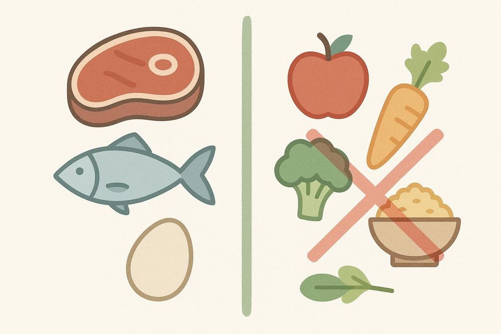 Visual guide showing allowed animal products, including steak, fish, and egg, on the left side, and excluded plant-based foods, including apple, carrot, broccoli, rice, and greens, with a red cross through them, on the right side.