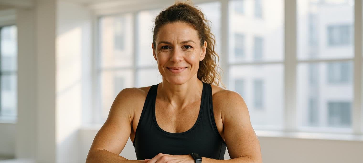 A confident woman over 40 standing in a sunny modern gym holding a kettlebell