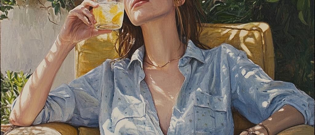 Painting of a woman in a light blue shirt drinking a glass of iced lemonade.