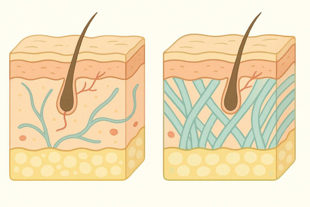 Illustration comparing skin structure before and after red light therapy (RLT), showing increased collagen density after treatment.