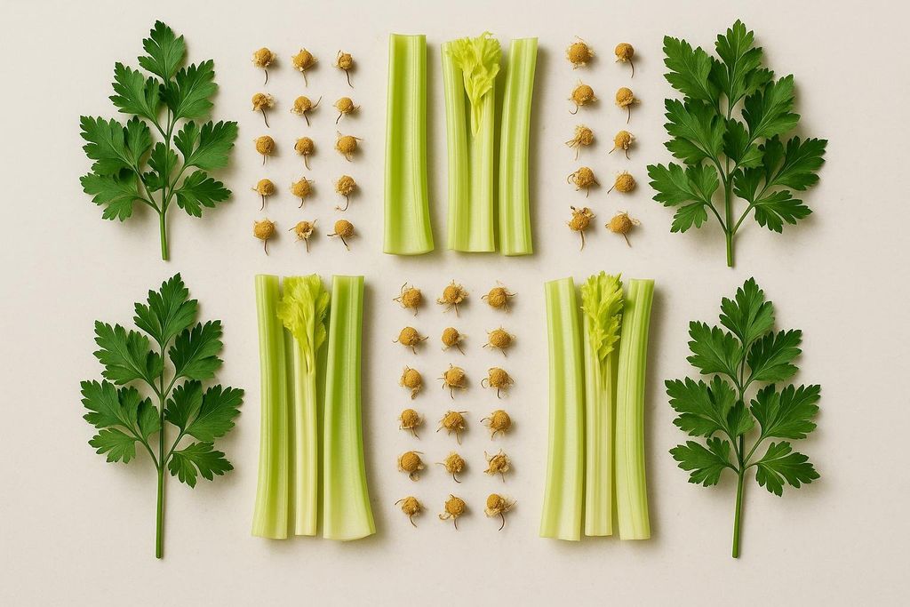 A flat lay arrangement featuring fresh parsley sprigs, cut celery stalks, and dried chamomile buds laid out on a light background.