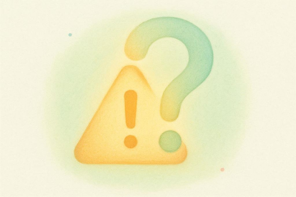 An abstract illustration featuring a yellow-orange warning sign (exclamation point in a triangle) partially overlaid by a teal-green question mark, set against a soft, textured background fading from pale yellow to light green.