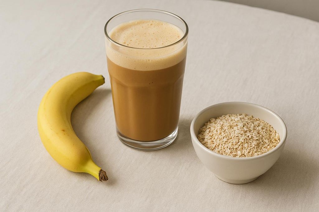 Proffee served alongside a banana and oatmeal