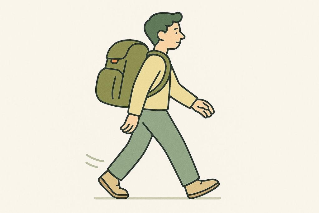 Stylized illustration of a person walking with a weighted backpack, defining the activity of rucking.