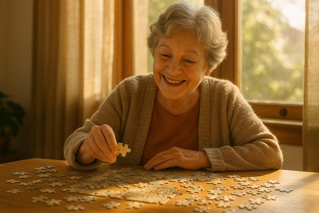 Older adult solving a puzzle, representing cognitive maintenance.