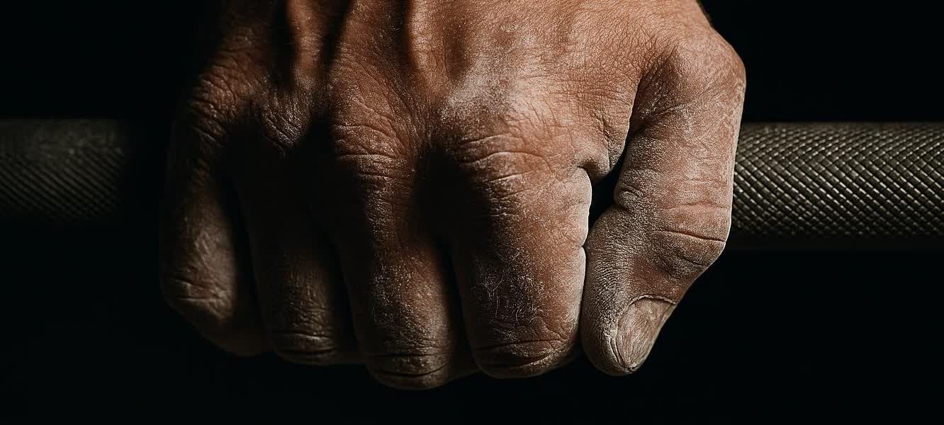 Close-up of a chalked hand gripping a barbell, highlighting dedication.