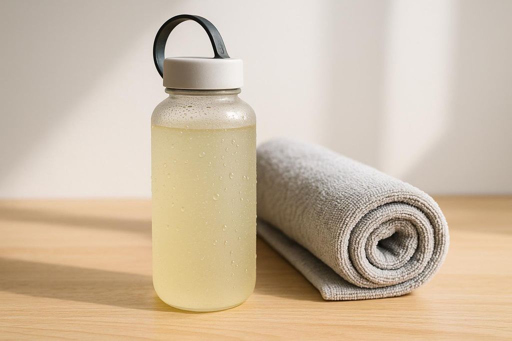 A clear water bottle filled with a yellow liquid and covered in condensation sits next to a neatly rolled grey yoga towel on a wooden surface. Sunlight casts a shadow on the light-colored wall behind them.
