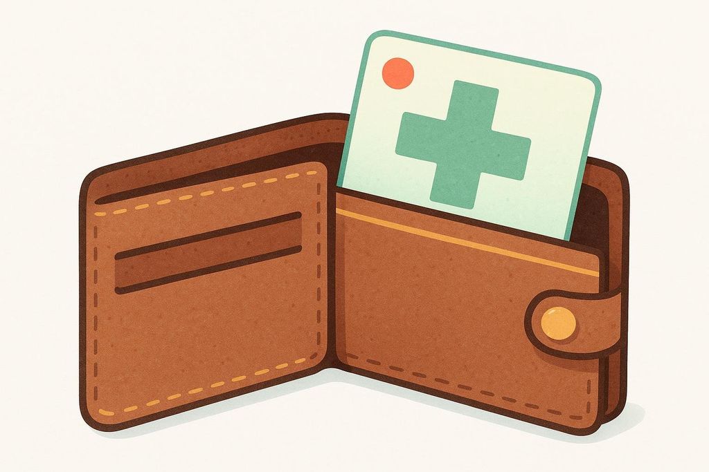 An illustration of an open brown wallet with a white and green insurance card sticking out of it. The card has a red dot and a green cross on it. The wallet has visible stitching and a snap closure.