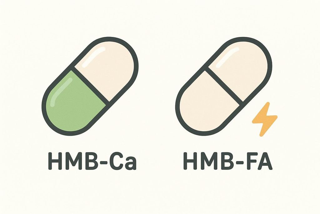 An illustration comparing two types of HMB supplements. On the left is a green and white capsule labeled 'HMB-Ca' (HMB Calcium). On the right is an all-white capsule with a yellow lightning bolt icon next to it, labeled 'HMB-FA' (HMB Free Acid).