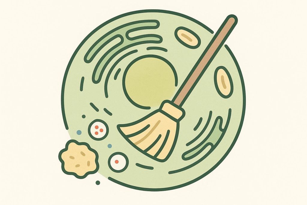 An illustration depicting a cell with a broom sweeping up debris. The cell is light green with an inner circular nucleus. A light brown broom is sweeping small particles and a larger blob of dirt towards the bottom left of the cell, symbolizing self-cleaning.