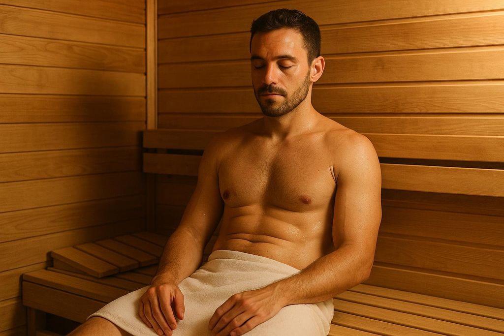 A man sits on a wooden bench in a sauna with his eyes closed, looking relaxed with a light-colored towel wrapped around his waist.