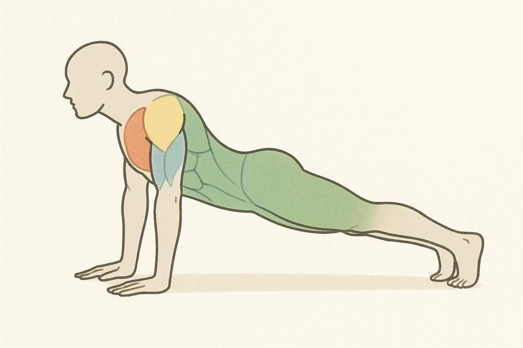 Illustration highlighting muscles worked during a push-up: chest in red, shoulders in yellow, triceps in blue, and core in green.