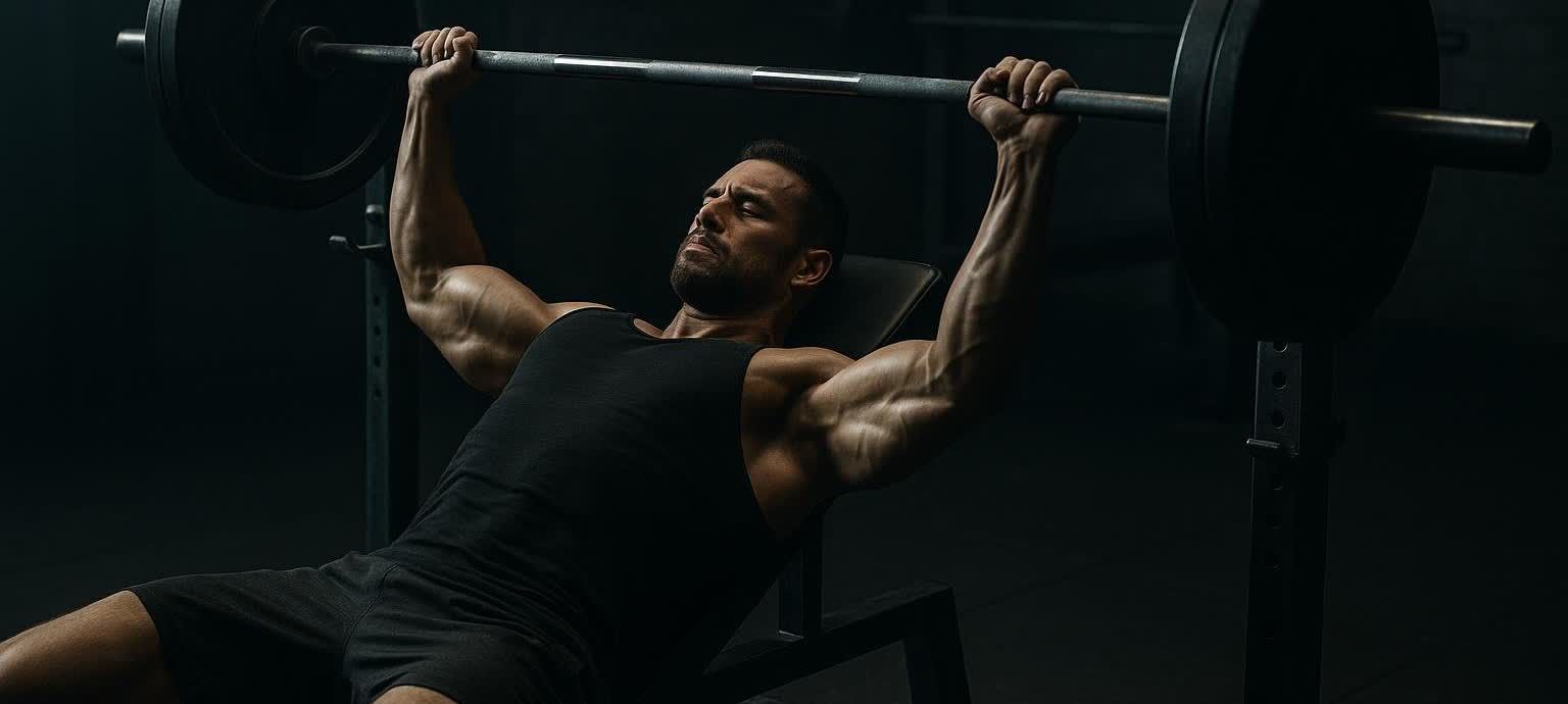 An athlete with a beard and dark tank top performing a heavy flat barbell bench press in a gym, with focus and effort shown on his face and muscular arms.