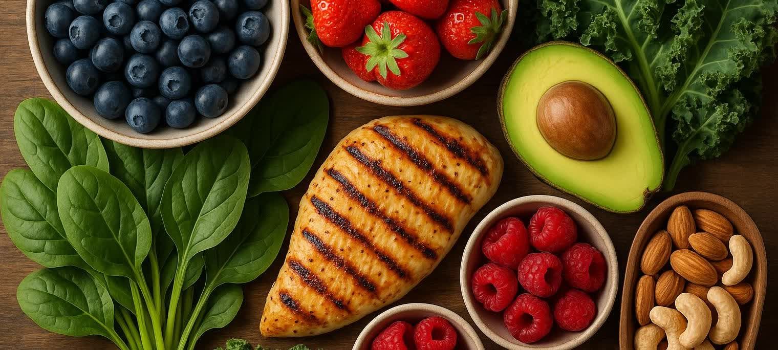 An overhead shot of various whole foods including a grilled chicken breast, blueberries, strawberries, raspberries, a sliced avocado, spinach, kale, and mixed nuts, all arranged on a wooden surface.