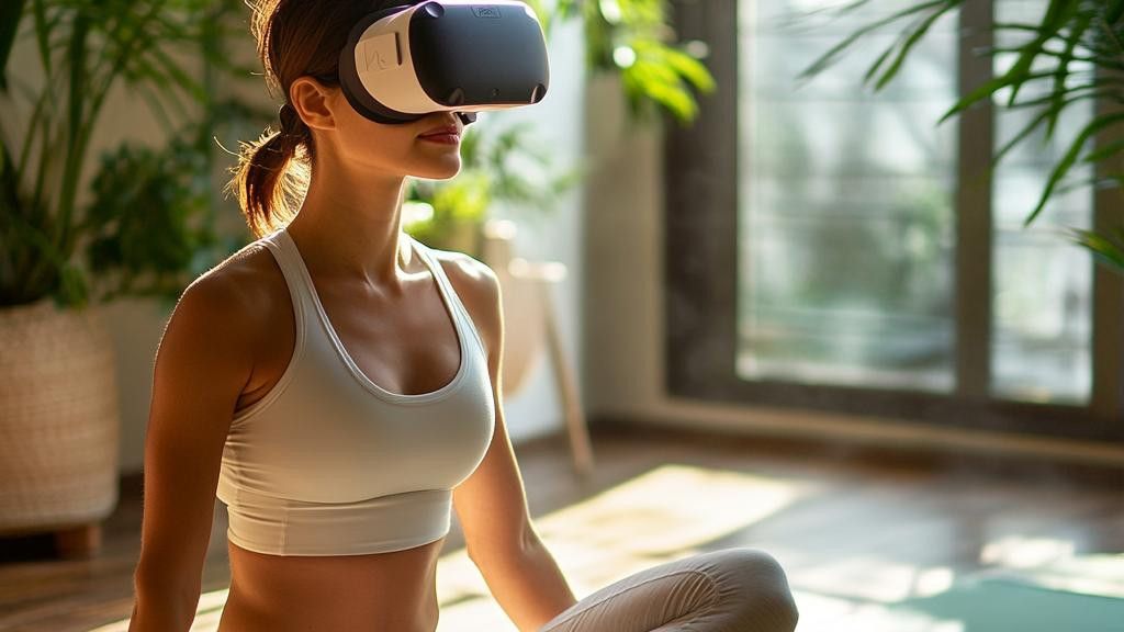 A woman is seen in a close-up shot wearing a VR headset while doing yoga indoors, with sunlight streaming in.