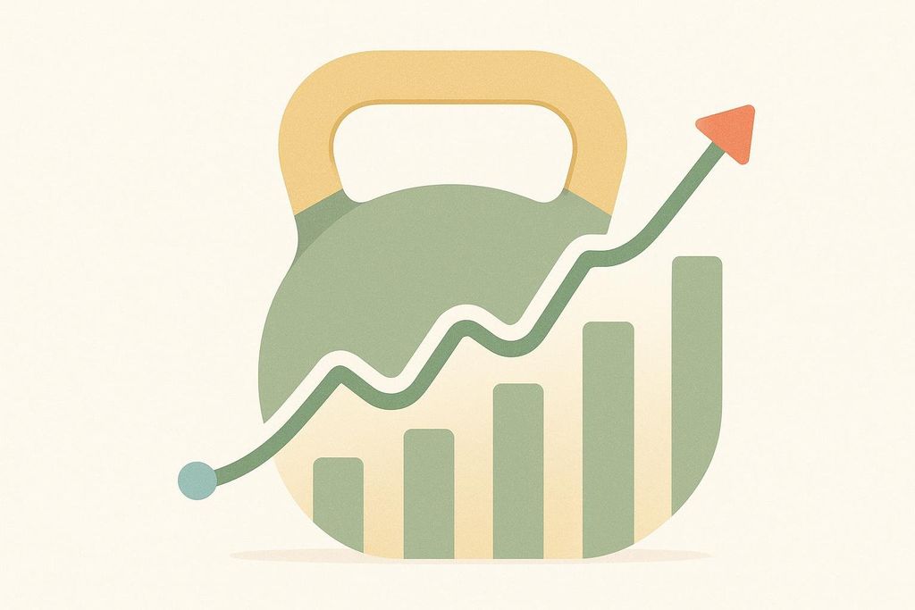 An illustration of a green kettlebell with a yellow handle, overlaid with a line graph showing an upward trend and a bar chart at the bottom, symbolizing growth and strength.