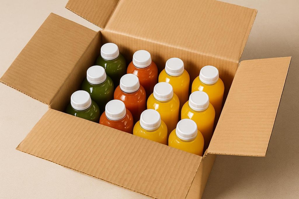 An open cardboard delivery box filled with neatly organized juice cleanse bottles in various colors like green, orange, and yellow.