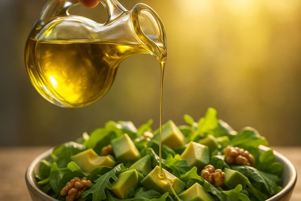 Extra-virgin olive oil being drizzled from a glass cruet onto a fresh green salad with chunks of avocado and walnuts, illuminated by warm sunlight.