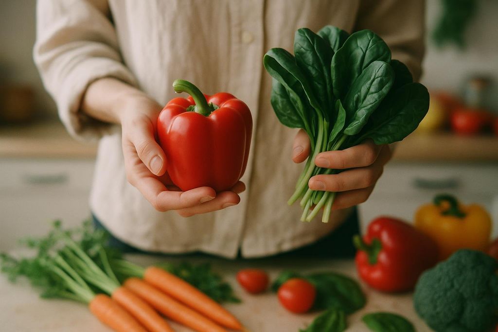 Close-up of hands holding a vibrant red bell pepper in one hand and a bunch of fresh green spinach in the other, with more vegetables blurred in the background on a kitchen counter.