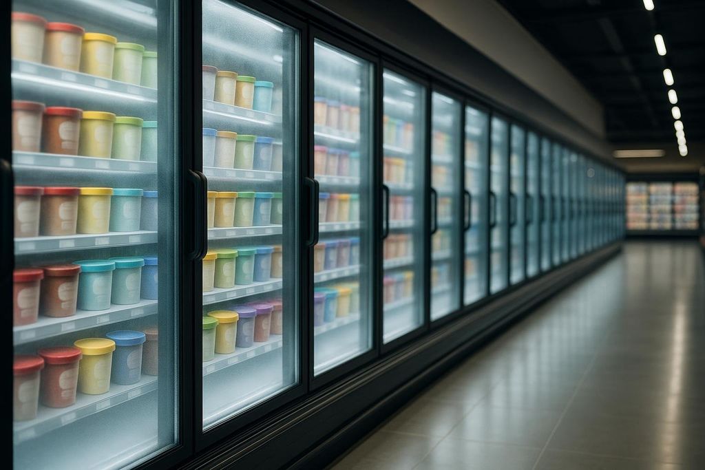Rows of various ice cream pints, each with a different colored lid, are neatly stacked inside a long, well-lit grocery store freezer aisle. The freezers stretch into the distance, with more colorful pints visible through the glass doors.