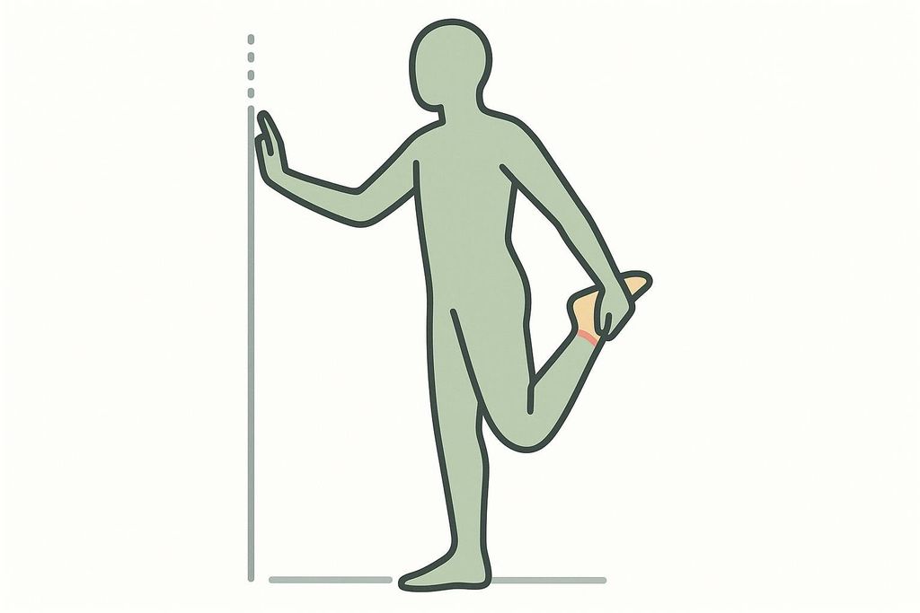 Stylized illustration of a person performing a standing quad stretch for mobility, using a vertical line for balance.