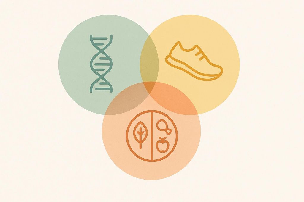 A Venn diagram with three translucent overlapping circles. The top left green circle contains a DNA helix icon representing genetics. The top right yellow circle contains a running shoe icon representing lifestyle. The bottom orange circle contains icons for a leaf, fish, and apple representing diet. The overlapping areas illustrate how these three factors collectively influence health.