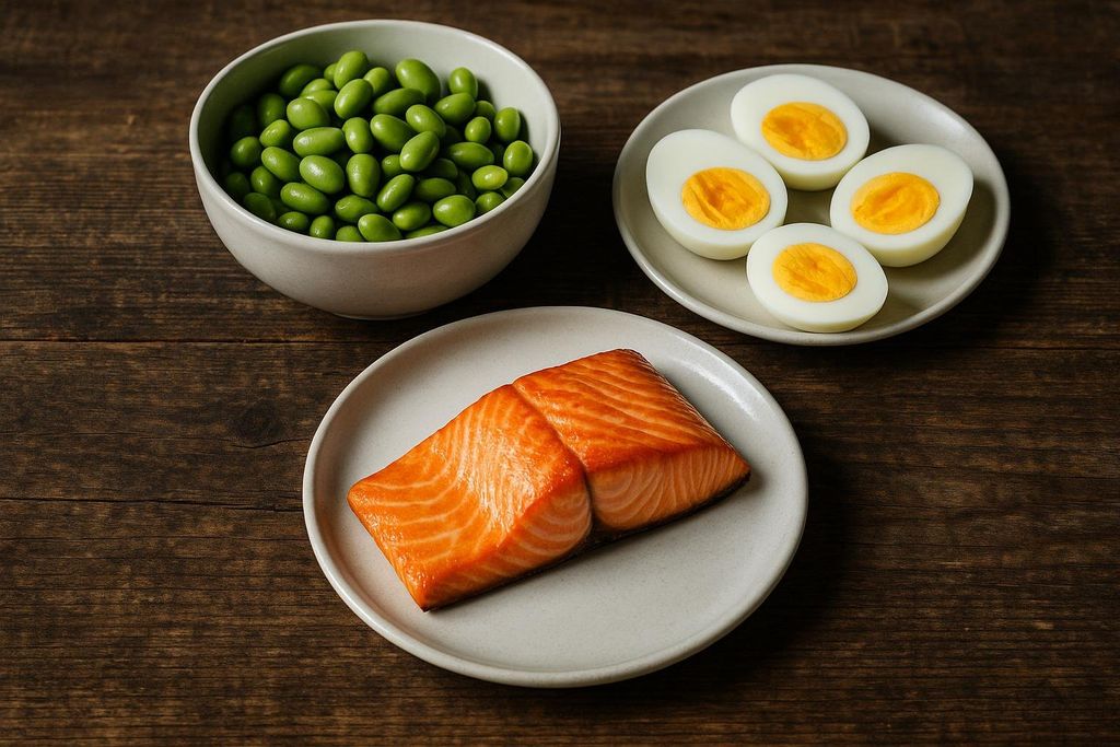 A flat lay image showing a bowl of green edamame beans, a plate with four halved hard-boiled eggs, and a plate with a cooked salmon fillet, all arranged on a dark wooden table. These foods are excellent sources of protein.