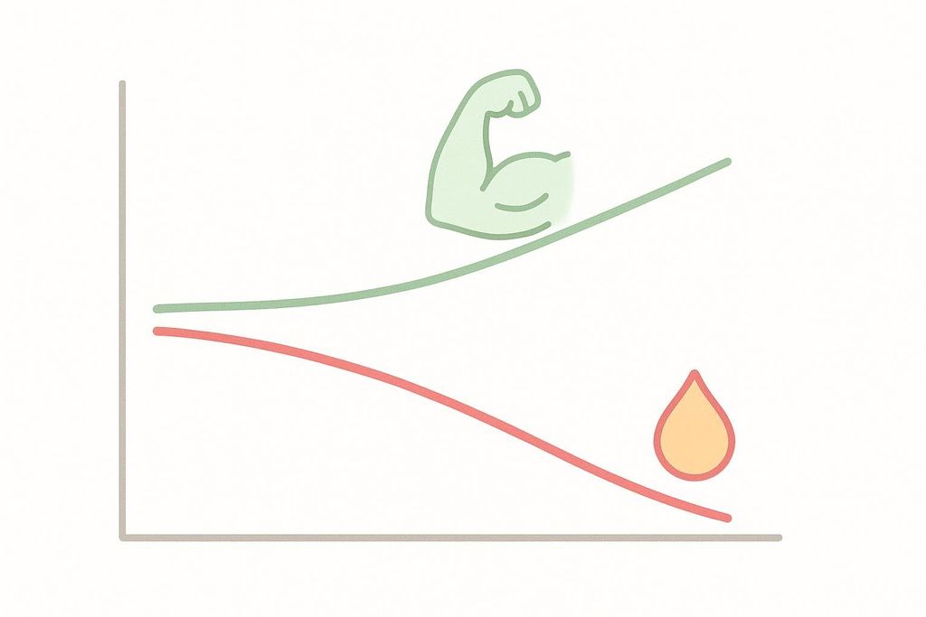 A simple graph illustrating a downward trend for visceral fat (red line with a fat droplet icon) and an upward trend for lean mass (green line with a flexed bicep icon) over time.