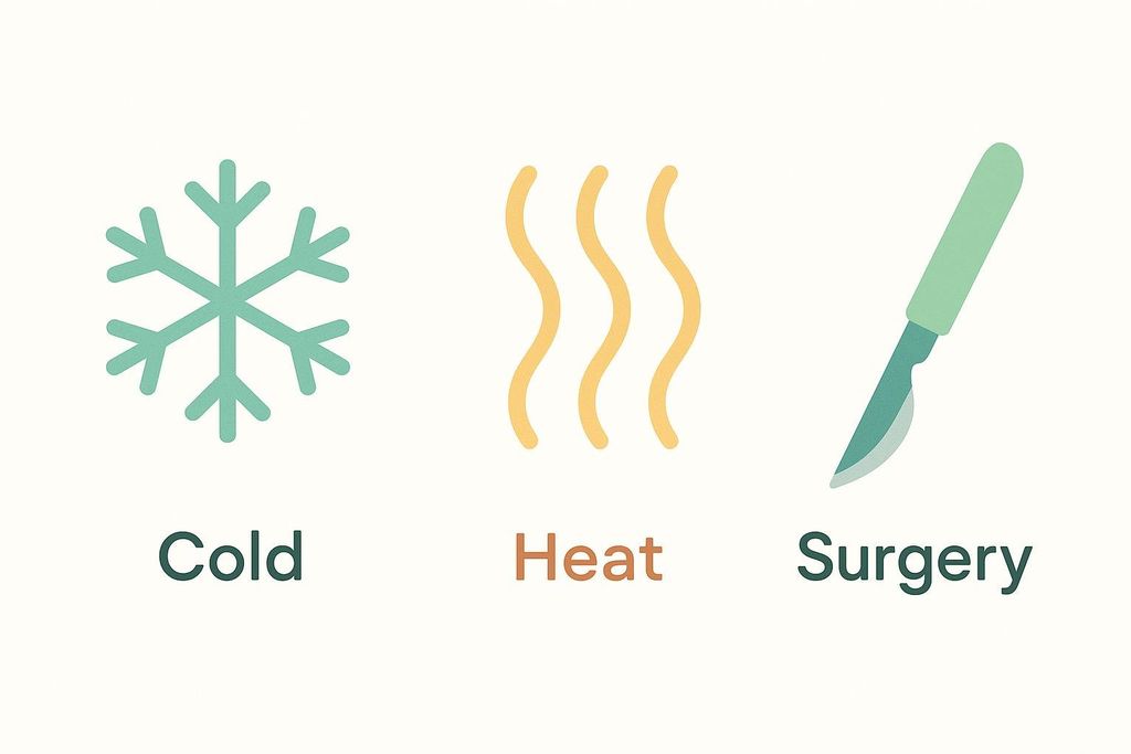 An illustration comparing three fat reduction methods: a snowflake icon for 'Cold', three wavy lines for 'Heat', and a surgical scalpel for 'Surgery'.