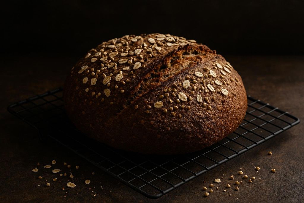 A rustic, round gluten-free sourdough loaf, dark brown in color, is covered with rolled oats and other grains. It rests on a black wire cooling rack against a dark, moody background.