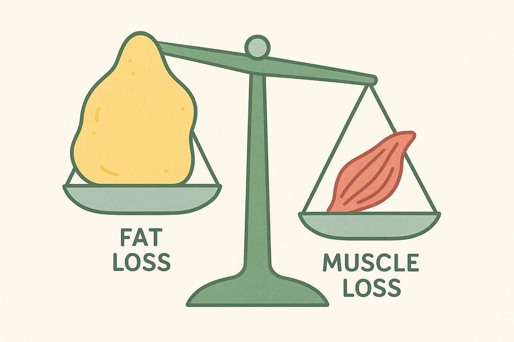 An illustration of a balanced scale with a large yellow blob labeled "FAT LOSS" on one side and a smaller red muscle shape labeled "MUSCLE LOSS" on the other side.
