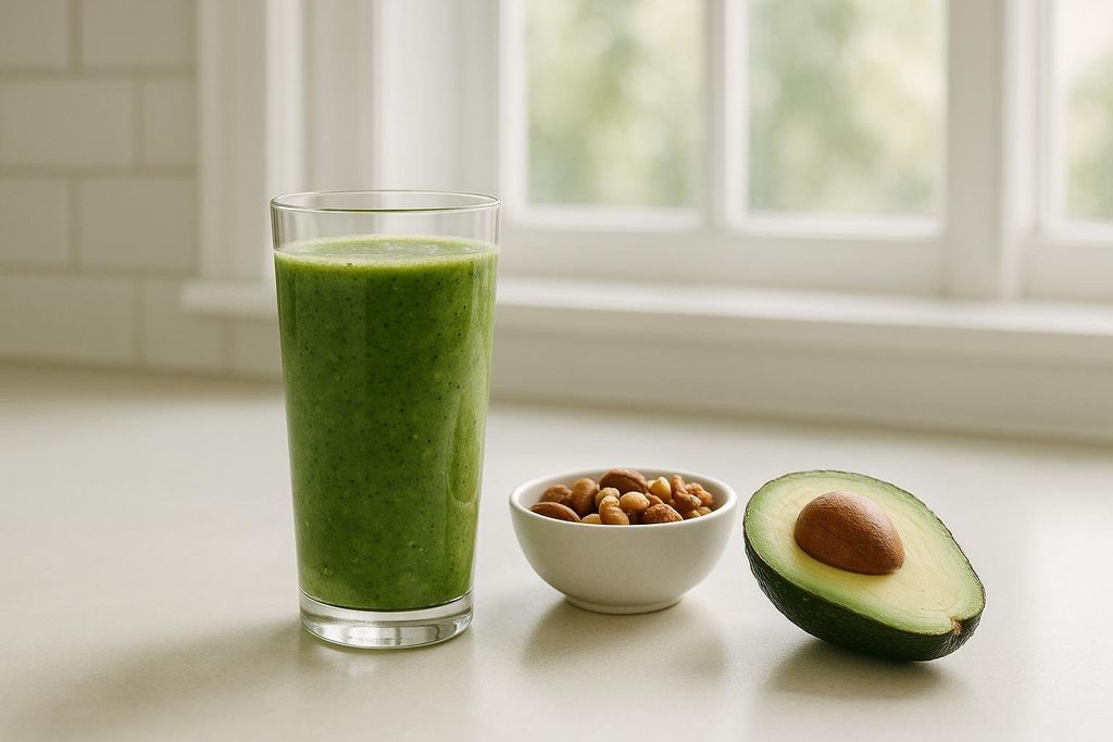 A vibrant green smoothie in a glass sits on a kitchen counter next to a small bowl of mixed nuts and a halved avocado with its pit.